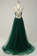 A-line V-neckline Green Tulle with Lace Applique Prom Dress, Green Straps Long Evening Dress
