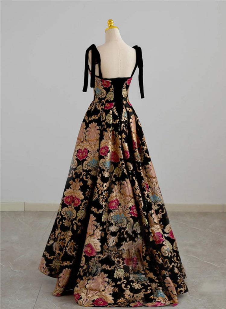 Black Strapless Satin Prom Dress with Flowers, A Line Long Evening Gown UQP0351
