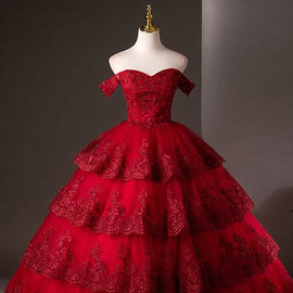 A-line Wine Red Tulle Layers with Lace Applique Formal Dress, Wine Red Sweet 16 Dress