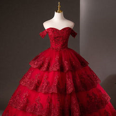 A-line Wine Red Tulle Layers with Lace Applique Formal Dress, Wine Red Sweet 16 Dress
