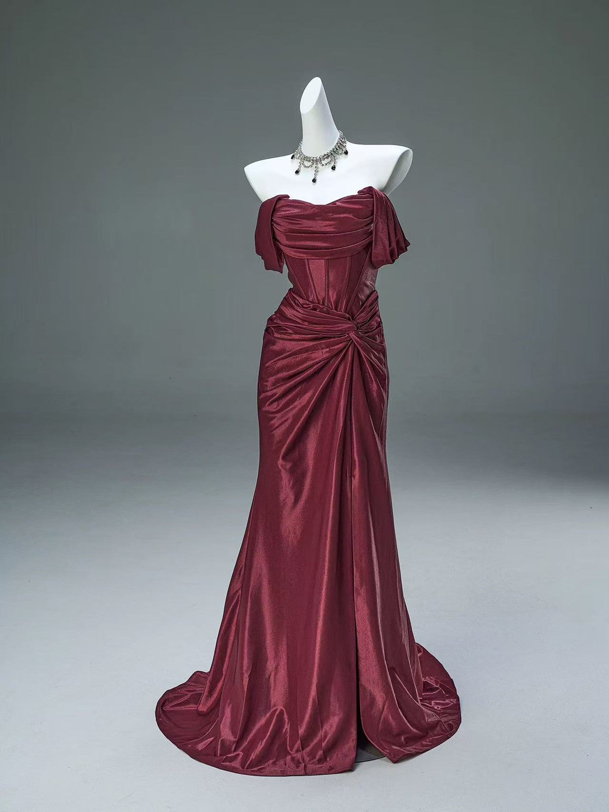 Wine Red Off Shoulder Satin Mermaid Evening Dress, Wine Red Sweetheart Long Prom Dress