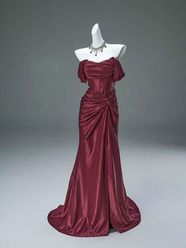 Wine Red Off Shoulder Satin Mermaid Evening Dress, Wine Red Sweetheart Long Prom Dress