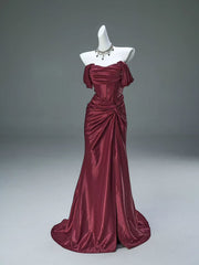 Wine Red Off Shoulder Satin Mermaid Evening Dress, Wine Red Sweetheart Long Prom Dress