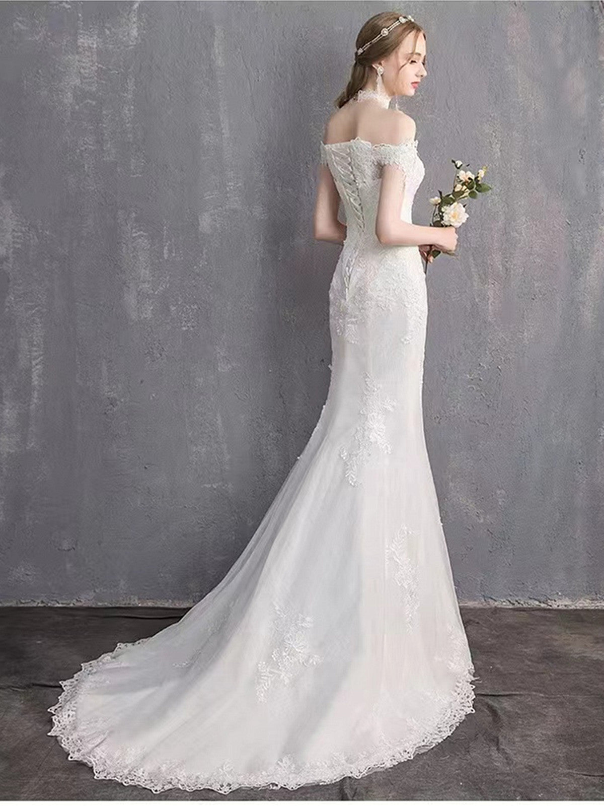 Ivory Mermaid Tulle with Lace Applique Wedding Dress, Off Shoulder Long Wedding Gowns