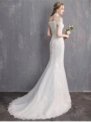 Ivory Mermaid Tulle with Lace Applique Wedding Dress, Off Shoulder Long Wedding Gowns