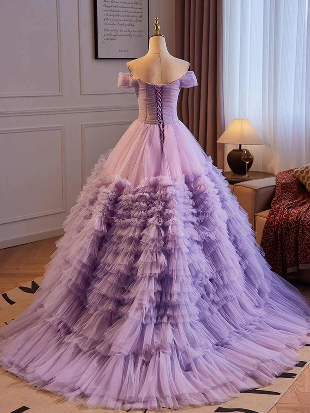 purple off the shoulder ruffle dress Lavender Off-the-Shoulder Ruffle Tiered A-Line Prom Dress