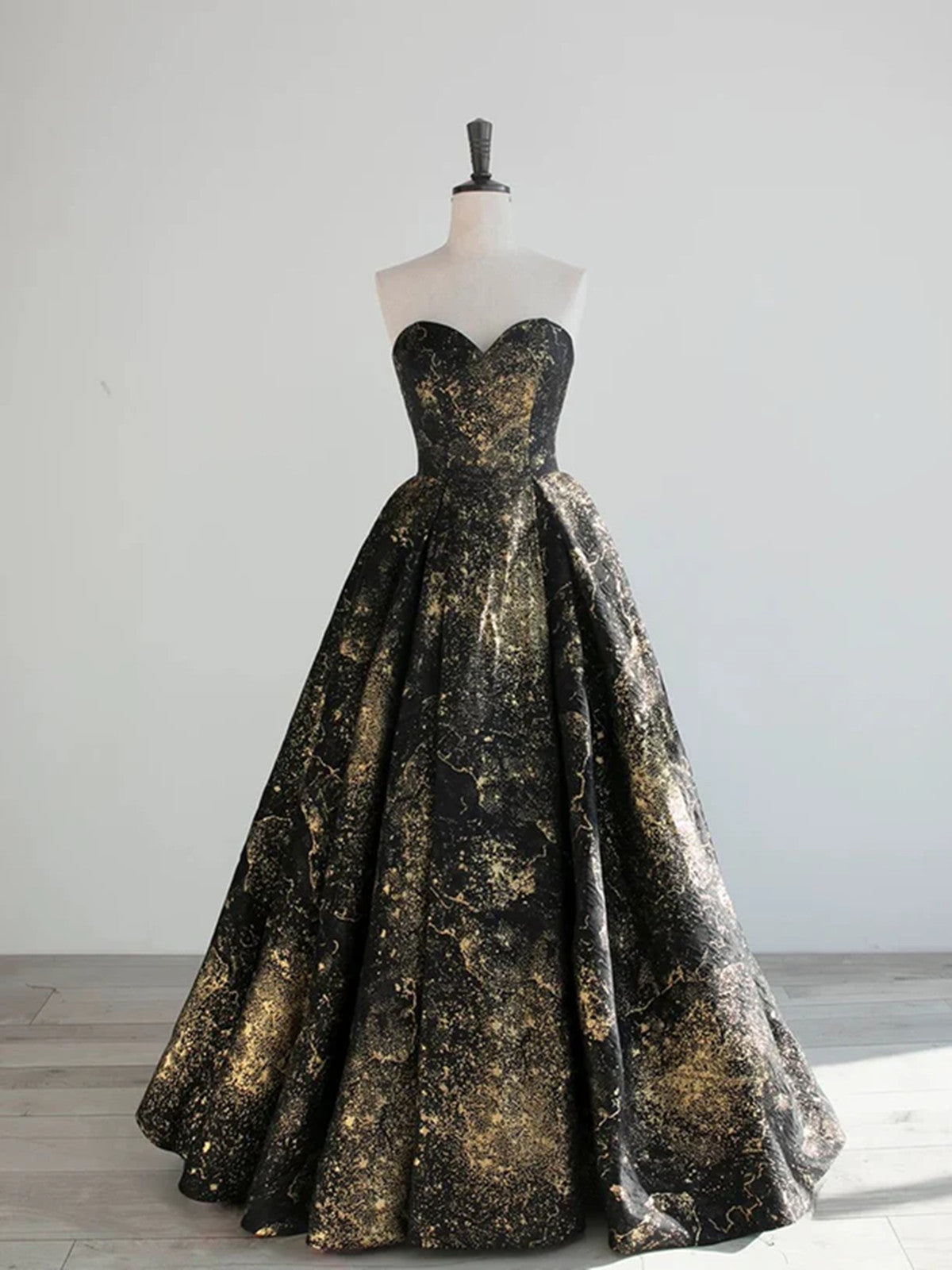 Black Floral Satin Sweetheart Strapless Long Party Dress, Black Satin Evening Dress