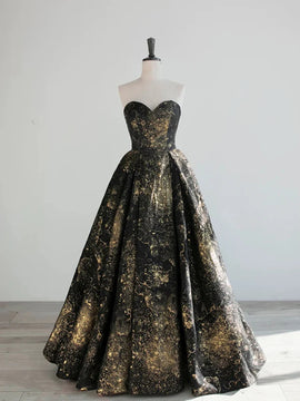 Black Floral Satin Sweetheart Strapless Long Party Dress, Black Satin Evening Dress