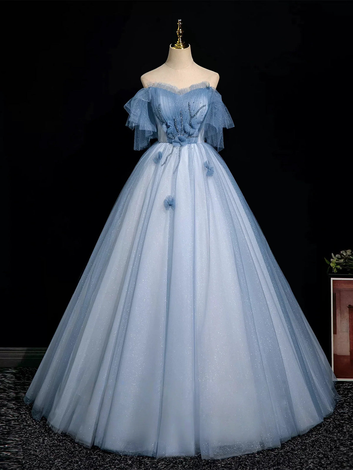 A-line Blue Tulle Off Shoulder Beaded Sweetheart Party Dress, Blue Tulle Long Prom Dress