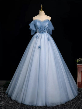 A-line Blue Tulle Off Shoulder Beaded Sweetheart Party Dress, Blue Tulle Long Prom Dress