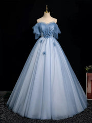 A-line Blue Tulle Off Shoulder Beaded Sweetheart Party Dress, Blue Tulle Long Prom Dress