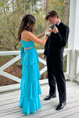 A-line Light Blue Chiffon V-neckline Floor Length Party Dress, Chiffon Long Prom Dress