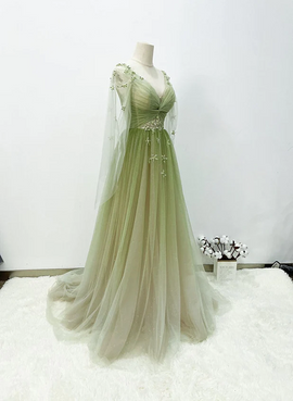A-line Green Gradient Tulle Long Sleeves Party Dress, V-neckline Green Formal Dress Prom Dress