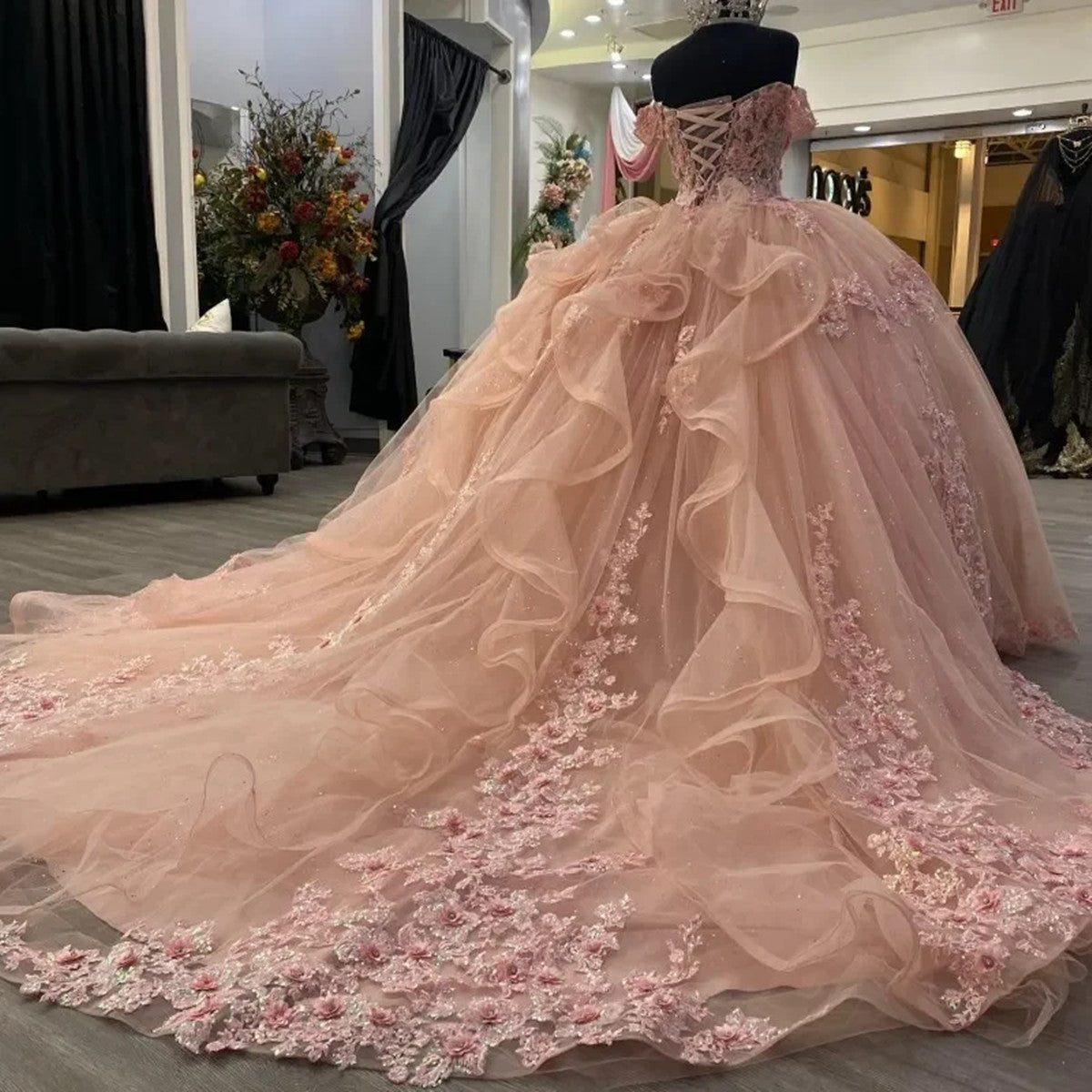 Pink Off Shoulder Beaded Floral Lace Quinceañera Dress,Pink Ball Gown Tulle Sweet 16 Prom Gown with Train