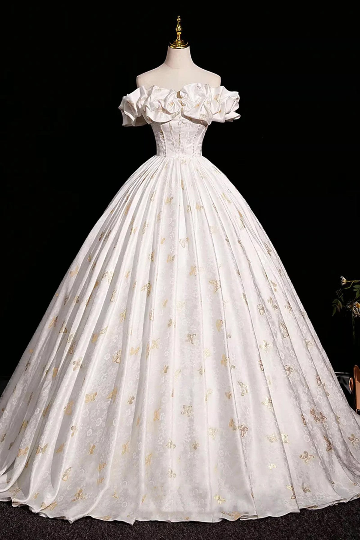 A-line Floral Satin Floor Length Off Shoulder Formal Dress Party Dress, Satin Evening Dress Prom Dress