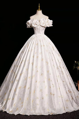 A-line Floral Satin Floor Length Off Shoulder Formal Dress Party Dress, Satin Evening Dress Prom Dress