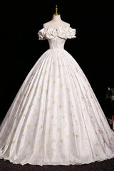 A-line Floral Satin Floor Length Off Shoulder Formal Dress Party Dress, Satin Evening Dress Prom Dress