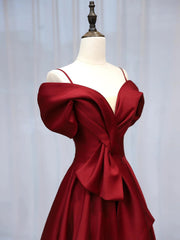 Wine Red V-neckline Straps A-line Party Dress, Wine Red Satin Long Prom Dress Evening Dress
