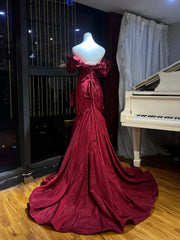Burgundy Off Shoulder Taffeta Prom Gown ,Vintage Ruffle Mermaid Gown with Bow