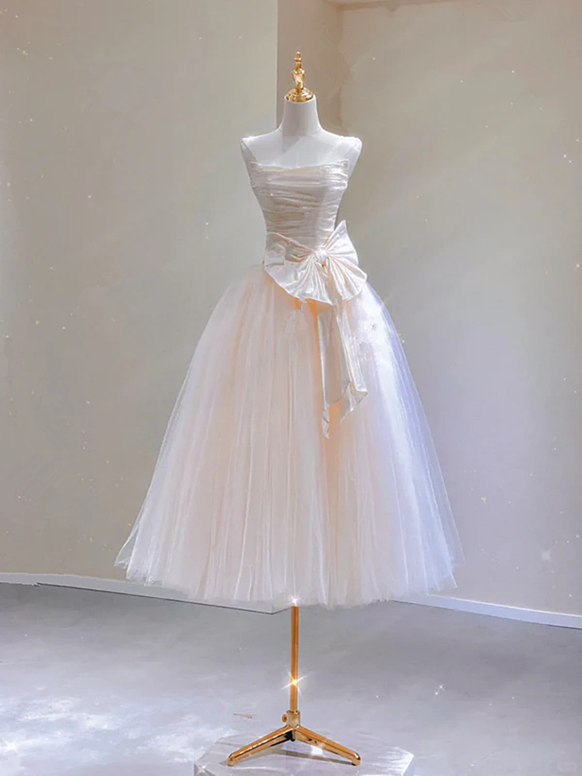Light Champagne Tulle and Satin Tea Length Party Dress, Light Champagne Homecoming Dress