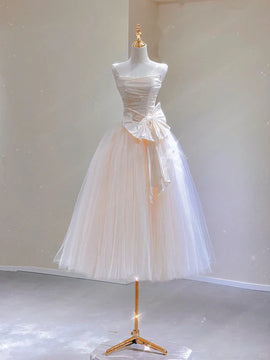 Light Champagne Tulle and Satin Tea Length Party Dress, Light Champagne Homecoming Dress