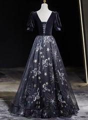 Black Tulle and Velvet A-line Long Party Dress, Black Long Prom Dress