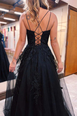 Black A-line Tulle with Lace Applique Prom Dress, Black Tulle Party Dress