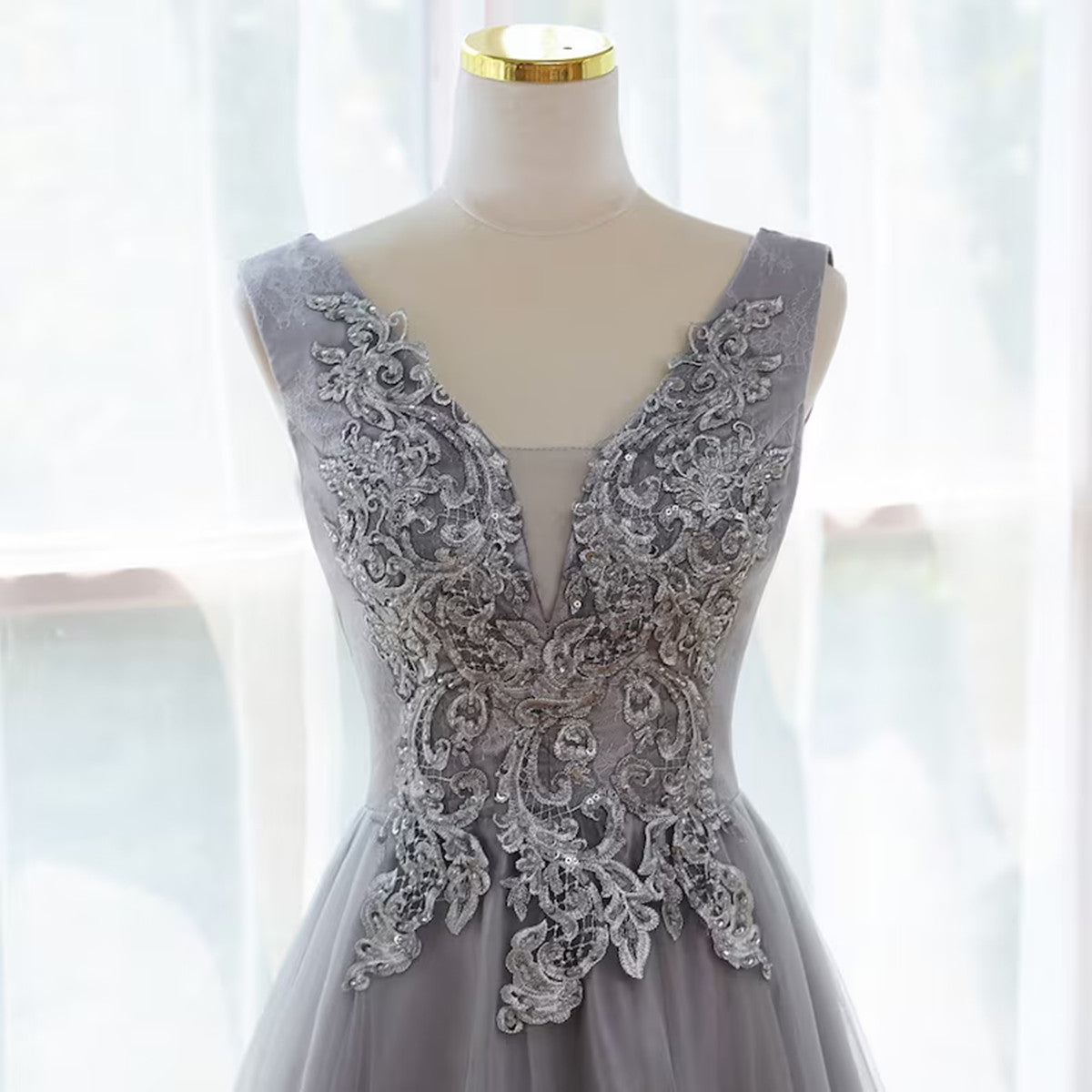 A-line Grey Tulle V-neckline Long Party Dress with Lace, Grey Bridesma Cutedressy A-line Grey Tulle V-neckline Long Party Dress with Lace, Grey Bridesma Cutedressy