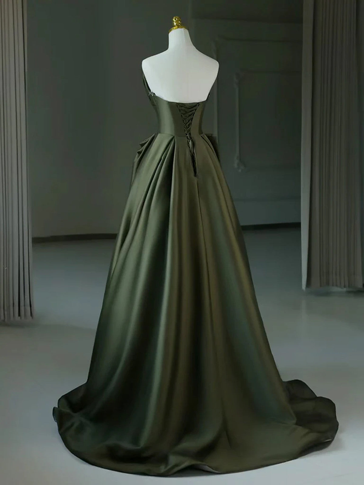 Green Satin A-Line V-Neckline Long Formal Dress, Green Satin Prom Dress
