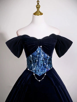 Navy Blue Velvet Off Shoulder with Lace Formal Dress, Navy Blue Velvet Party Dress Evening Dress