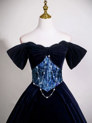 Navy Blue Velvet Off Shoulder with Lace Formal Dress, Navy Blue Velvet Party Dress Evening Dress