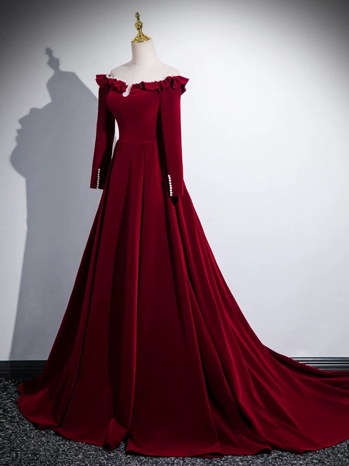A-line Wine Red Velvet Long Sleeves Low Back Prom Dress, Wine Red Part Cutedressy A-line Wine Red Velvet Long Sleeves Low Back Prom Dress, Wine Red Part Cutedressy