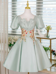 Green Satin Short Sleeves Sweetheart Homecoming Dress, Green A-line Short Prom Dress