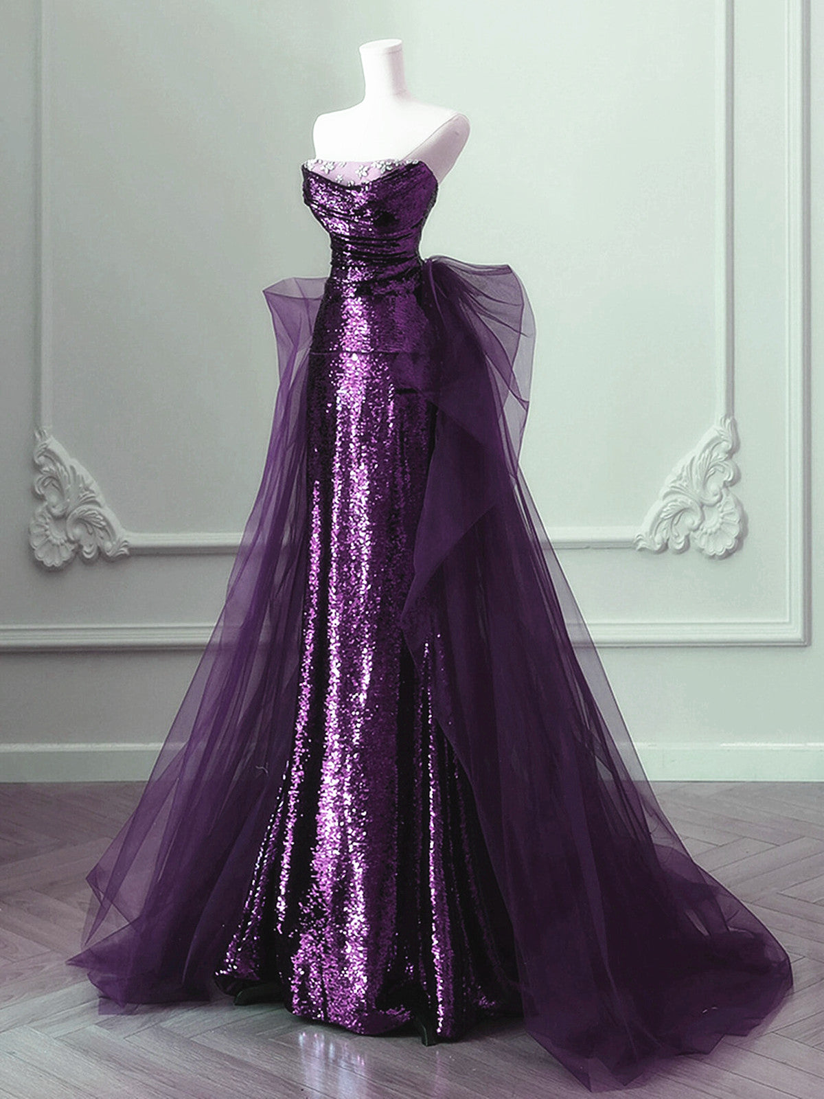 Purple A-line Sequins and Tulle Long Party Dress, Purple Beaded Formal Cutedressy Purple A-line Sequins and Tulle Long Party Dress, Purple Beaded Formal Cutedressy