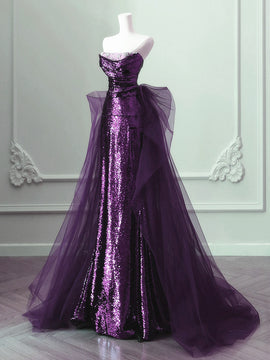 Purple A-line Sequins and Tulle Long Party Dress, Purple Beaded Formal Dress