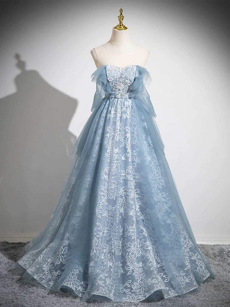 Light Blue A-line Lace and Tulle Long Party Dress, Blue Round Neckline