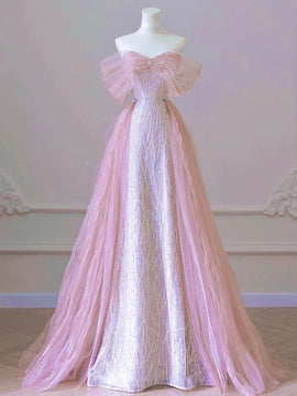 Pink A-line Sequins Tulle Floor Length Party Dress, Pink Beaded Off Shoulder Formal Dress