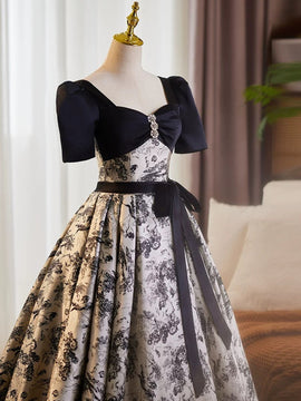 A-line Black Floral Satin Short Sleeves Beaded Prom Dress, Black Satin Evening Dress Party Dress