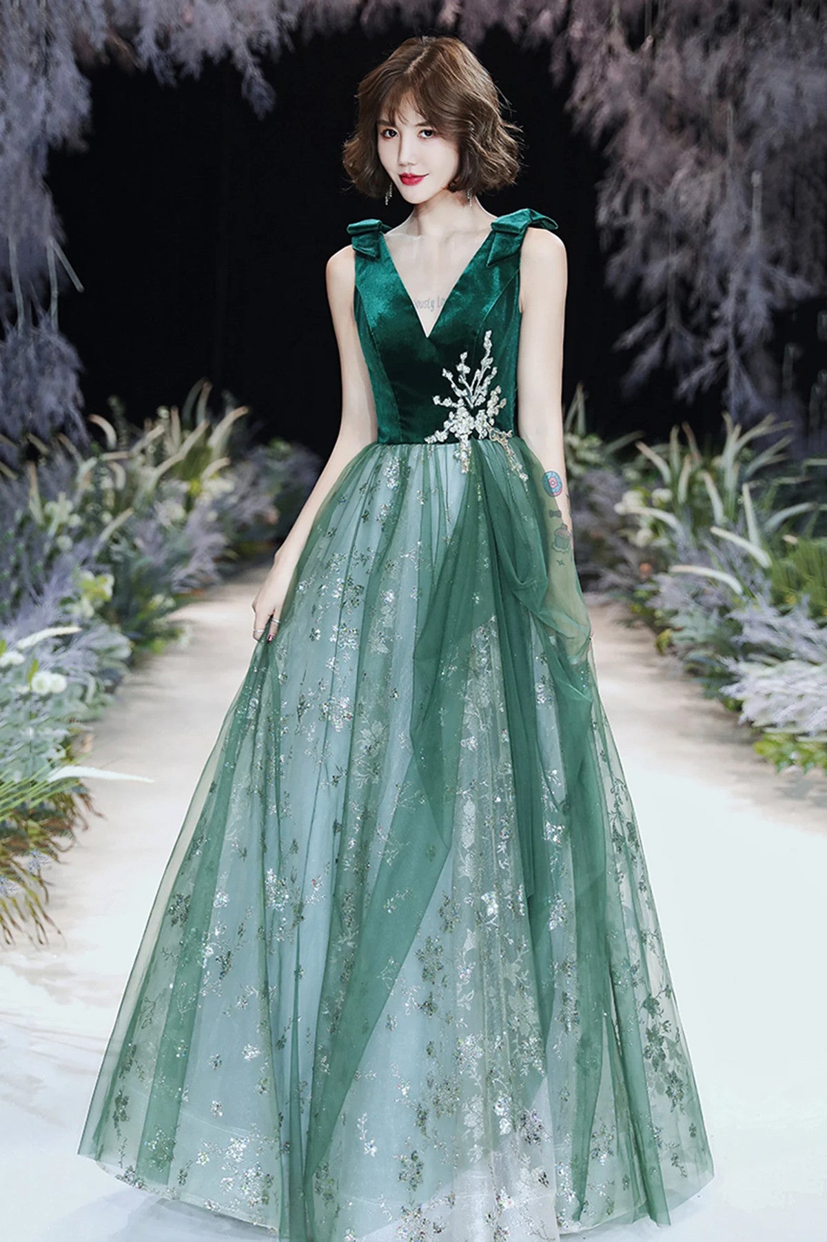 A-line Green Tulle and Velvet Long Formal Dress, Green Tulle Party Dress Prom Dress