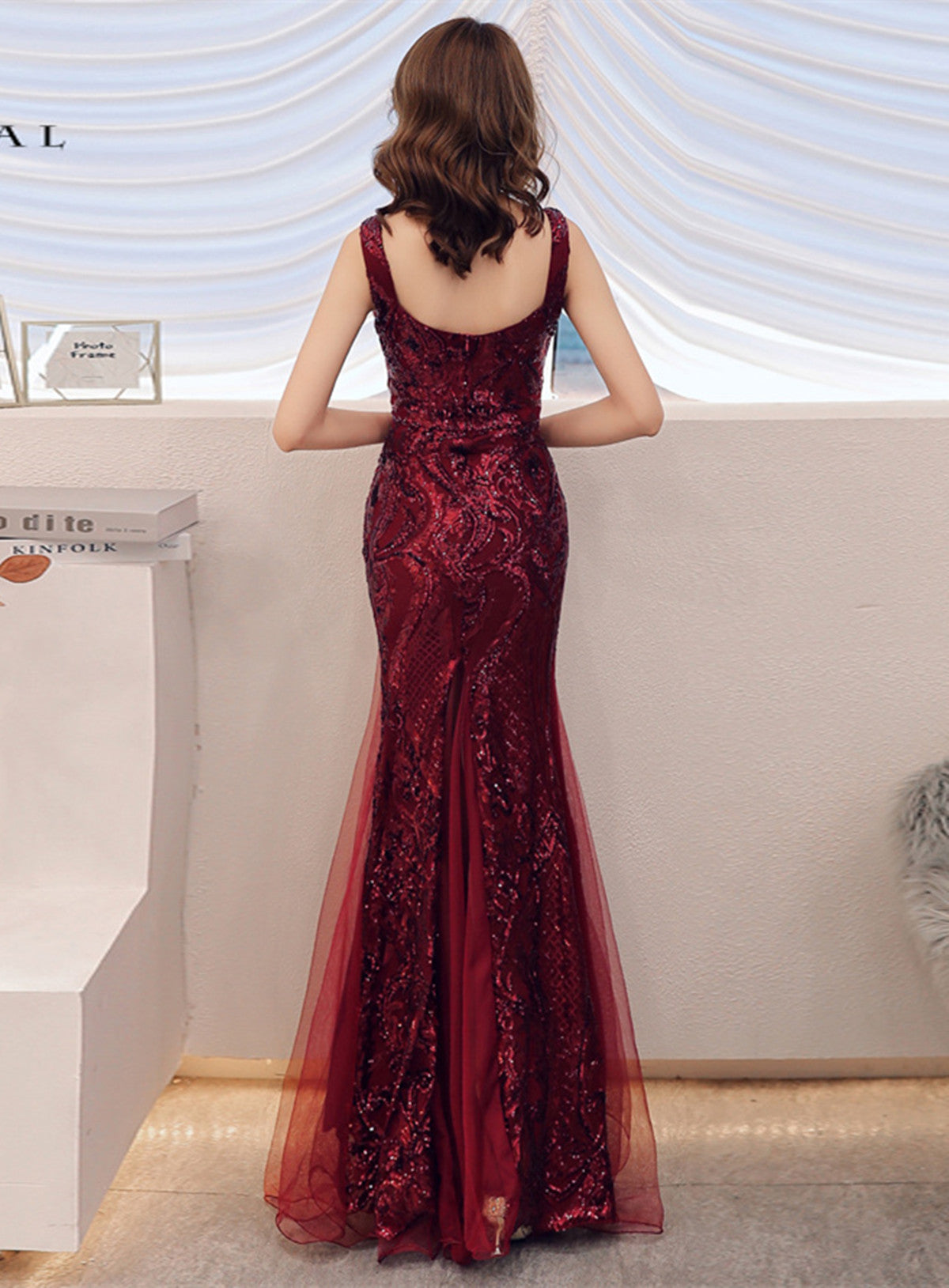 Lovely Sequins Mermaid Tulle and Sequins Party Dress, Wine Red Prom Dress