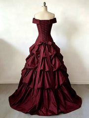 Wine Red Sweetheart Off Shoulder Tiered Prom Dress, Wine Red Gothic Formal Dress