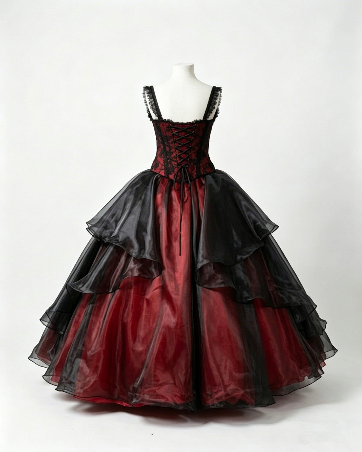 Red and Black Prom Dress Organza with Lace Sweet 16 Party Dress, Tiered Long Prom Dress