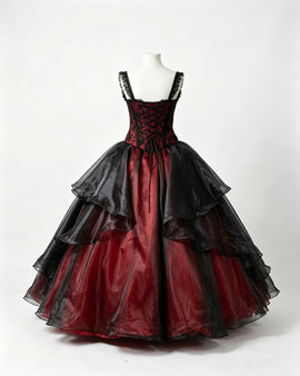 Red and Black Prom Dress Organza with Lace Sweet 16 Party Dress, Tiered Long Prom Dress