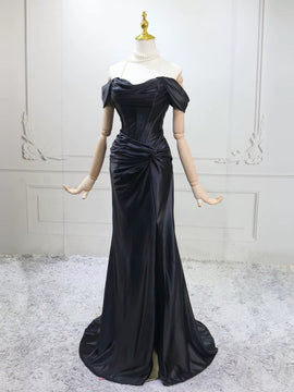 Black Mermaid Satin Off Shoulder Long Evening Dress, Black Satin Formal Dress Party Dress