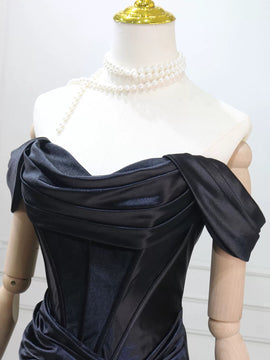 Black Mermaid Satin Off Shoulder Long Evening Dress, Black Satin Formal Dress Party Dress