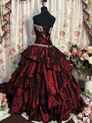 Wine Red Taffeta Ball Gown Formal Dress with Lace, Wine Red Long Sweet 16 Dress Prom Dress