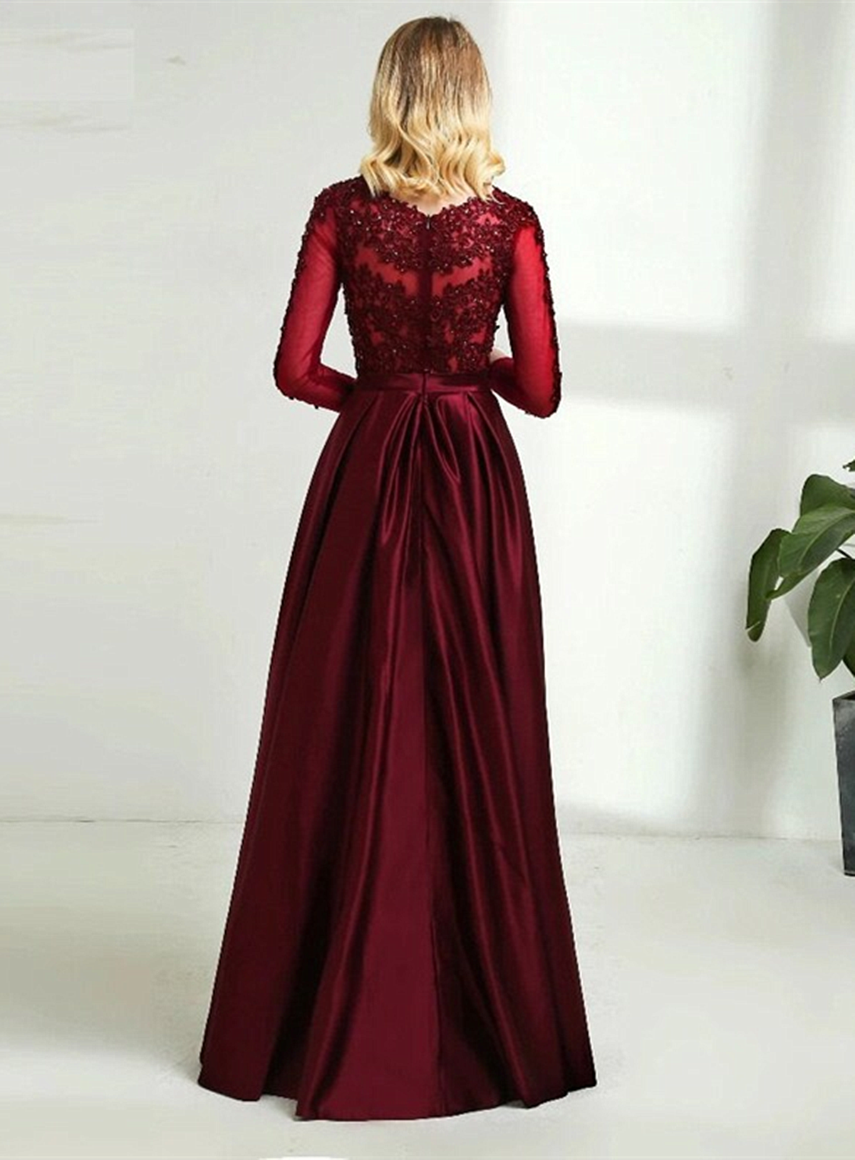 Wine Red Satin and Lace Round Neckline Bridesmaid Dress, Wine Red Tull Cutedressy Wine Red Satin and Lace Round Neckline Bridesmaid Dress, Wine Red Tull Cutedressy