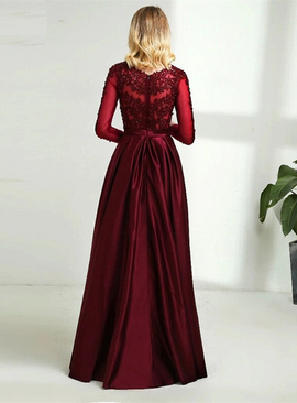 Wine Red Satin and Lace Round Neckline Bridesmaid Dress, Wine Red Tulle Formal Dress