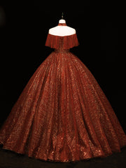Wine Red High Neckline Ball Gown Tulle Party Dress, Shiny Tulle With Lace Prom Dress