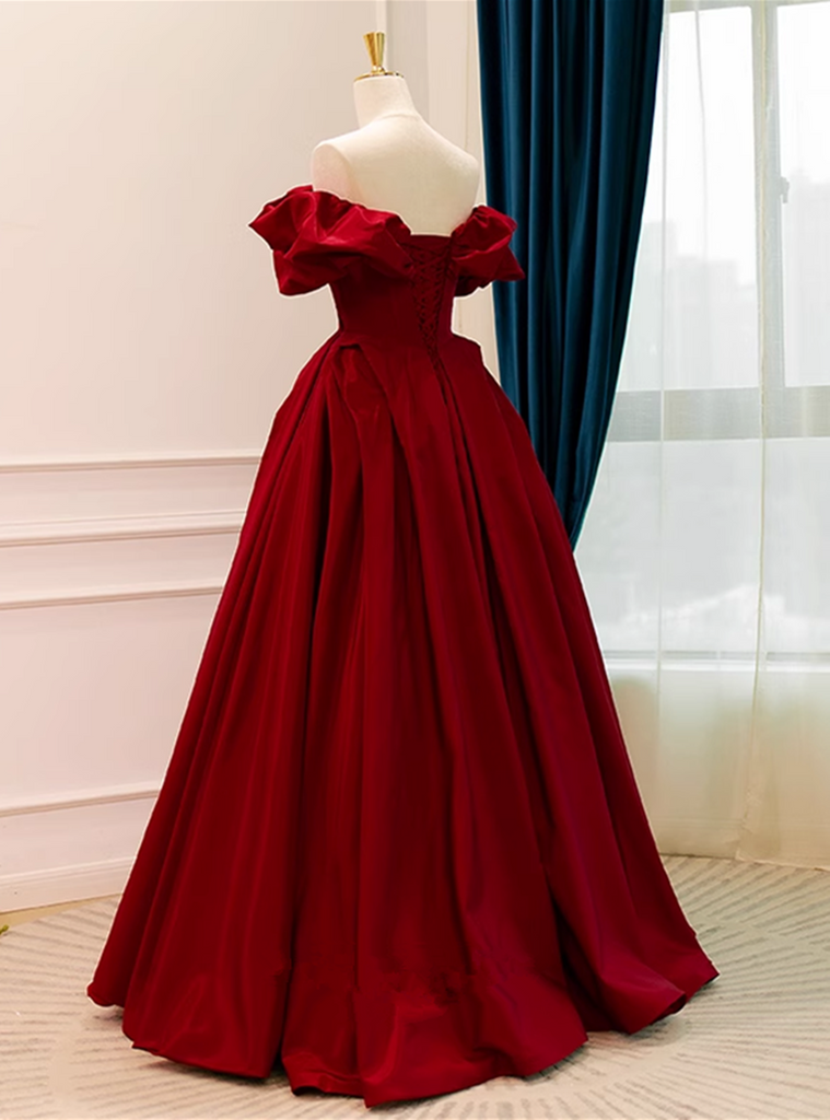 Wine Red Off Shoulder A-line Satin Floor Length Party Dress, Wine Red Long Evening Dress